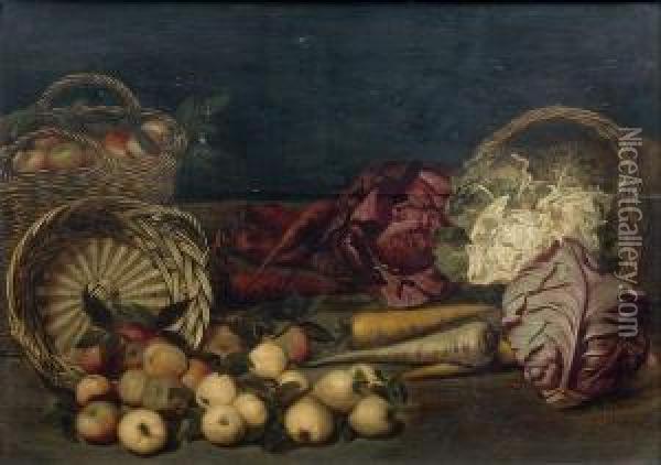 < Nature Morte Aux Paniers De Pommes, Choux Et Carottes Disposes Sur Un Entablement >. Oil Painting - Jan van Kessel