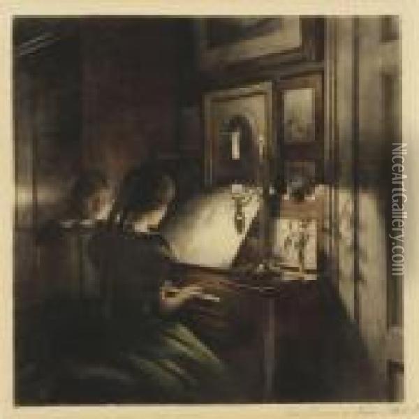 Evening Picture With Two Girls At The Piano Oil Painting - Peder Vilhelm Ilsted