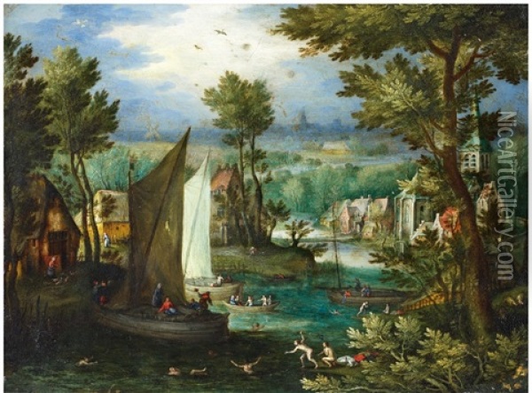 River Landscape With Bathing Figures And Boats Oil Painting - Jan Brueghel the Elder