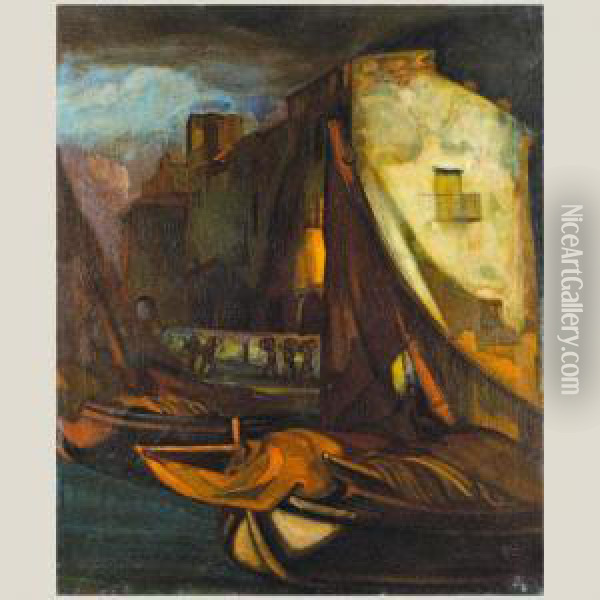 Anochecer En El Puerto Scala Oil Painting - Gustavo De Maeztu