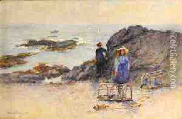 Children On A Rocky Beach Oil Painting - Alexander Wellwood Rattray