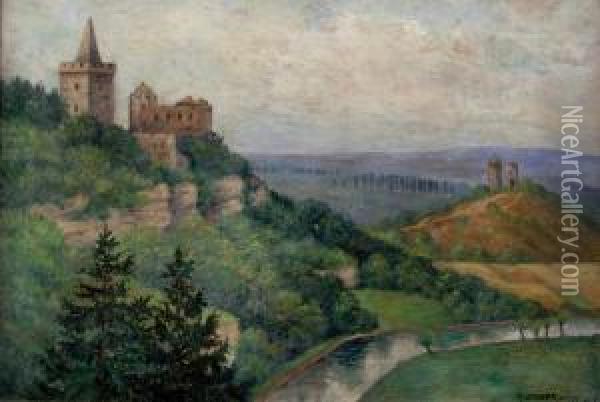 Burganlage Und Wachturme In Hugeliger Landschaft Oil Painting - Max Oehler