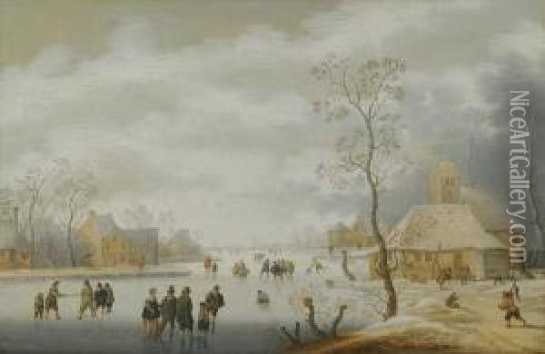 A Winter Landscape With Figures Skating On A Frozen River Beside A Village Oil Painting - Verstraelen Anthonie
