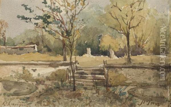 L'entree D'un Parc Arbore, Un Mur D'enceinte A L'arriere-plan Oil Painting - Henri-Joseph Harpignies