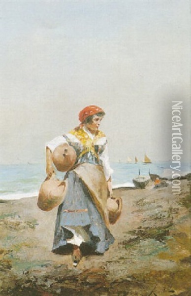 Waterbearer On The Beach Oil Painting - Oscar Ricciardi