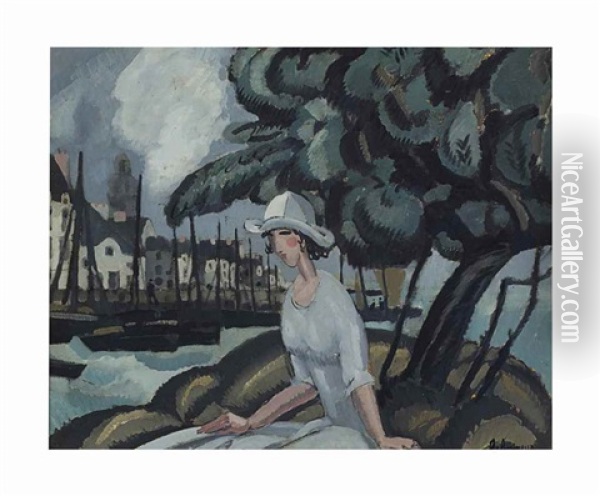 Femme Dans Le Port Oil Painting - Jean-Emile Laboureur
