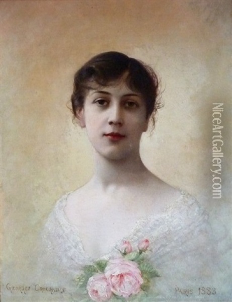 Portrait De Jeune Fille Aux Roses Oil Painting - Georges Croegaert