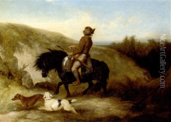 A Boy On A Shetland Pony, Holding A Spear, With Dogs In A Hilly Landscape Oil Painting - Charles Hancock