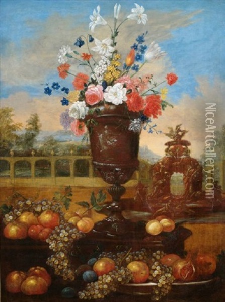 Blumen- Und Obststilleben Vor Parklandschaft Oil Painting - Gasparo Lopez