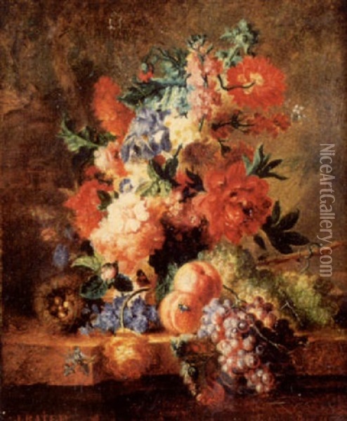 Bouquet De Fleurs, Grappe De Raisins Et Peches Oil Painting - Joseph Baile