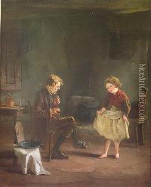 Little Girl Dancing To Old Gentleman Playing A Flute In An Interior Oil Painting - Howard Helmick