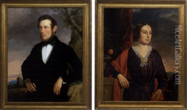Portrait Of A Man In A Landscape (+ Portrait Of A Woman Beside A Stone Ledge; Pair) Oil Painting - John Thomas Peele