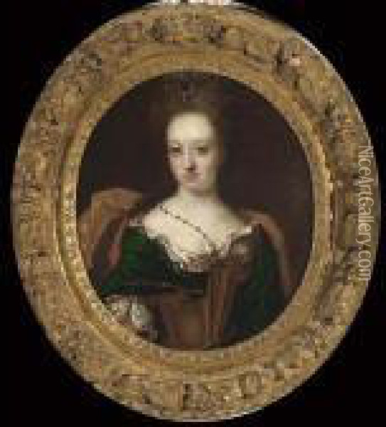 A Portrait Of Marquise Von 
Hoensbroech-von Schillard, Bust Length, Wearing A Green And Red Dress 
With A Lace Collar And Lace Sleeves And A Light-pink Cloak Oil Painting - Caspar Netscher