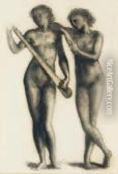Two Nude Female Figures, One Holding A Musical Instrument Oil Painting - Sir Edward Coley Burne-Jones