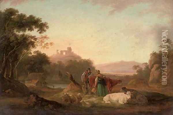 A wooded river landscape with figures and cattle in the foreground, ruins on a hill beyond Oil Painting - Peter Le Cave