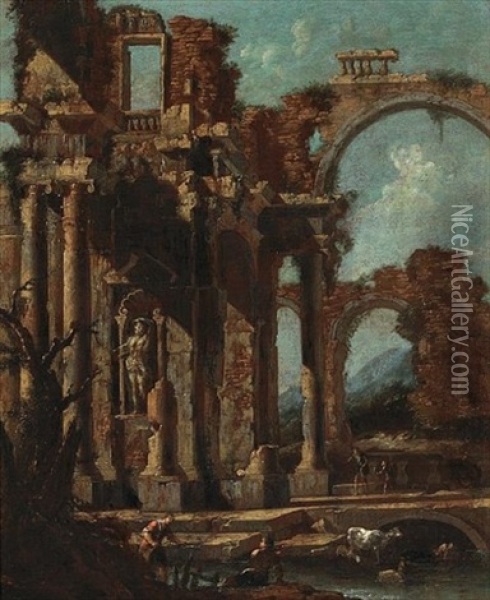 An Architectural Capriccio With Figures In Ruins (+ Another Similar; Pair) Oil Painting - Niccolo Codazzi