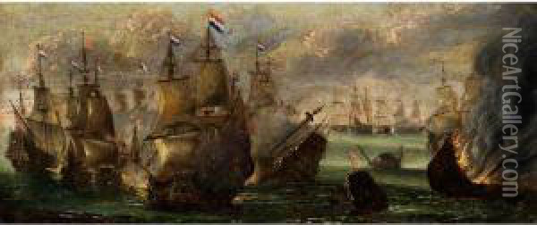Seeschlacht Mit Hollandischen Schiffen Oil Painting - Adriaen Van Der Kabel