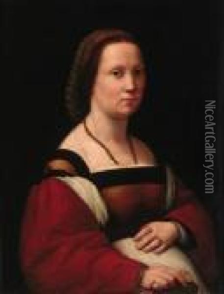La Gravida - Portrait Of A Lady,
 Half-length, In A Brown Dress Withred Sleeves, Holding A Glove Oil Painting - Raphael (Raffaello Sanzio of Urbino)