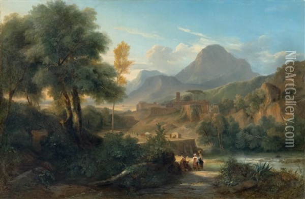 An Idyllic Mountain Landscape With A Village Oil Painting - Johann Wilhelm Schirmer