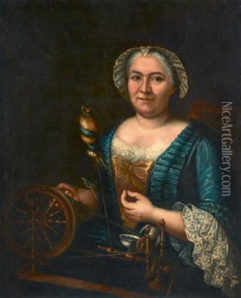 Portrait Presume De Madame Arlon Filant De La Soie Oil Painting - Jacques Andre Joseph Aved