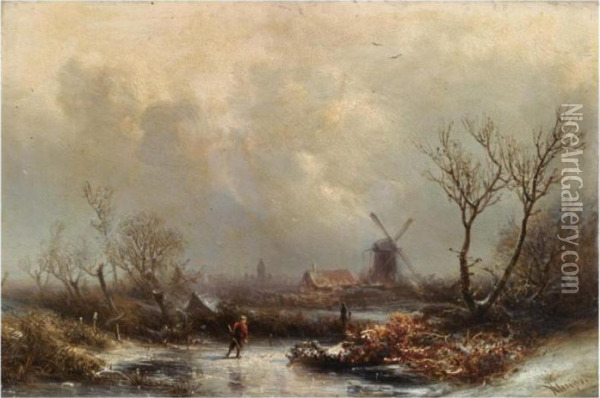 Figures In A Snow Covered Winter Landscape Oil Painting - Pieter Lodewijk Francisco Kluyver