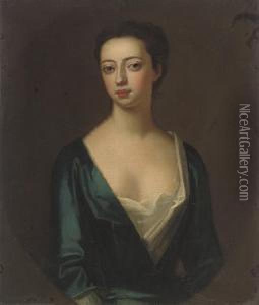 Portrait Of A Lady, 
Traditionally Identified As Elizabeth Greville (d.1699), Lady Guilford, 
Half-length, In A Blue Dress, In A Feigned Oval Oil Painting - Enoch Seeman