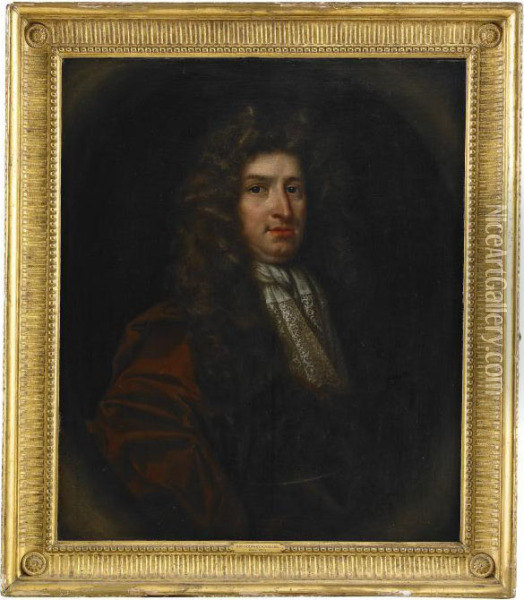 Portratt Forestallande Ambetsman Ikladd Brun Mantel Och Kravatt - Midjebild Oil Painting - Sir Godfrey Kneller