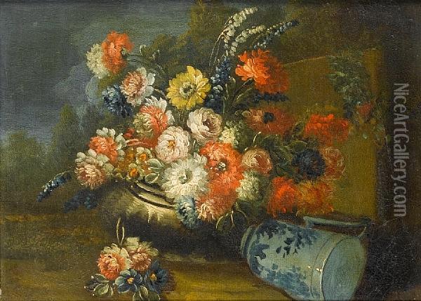 Roses, Chrysanthemums, Daffodils
 And Otherflowers In A Stone Urn And A Dish In A Landscape; And 
Roses,carnations, Lily Of The Valley And Other Flowers In An Urn And 
Ajug In A Landscape Oil Painting - Giuseppe Lavagna