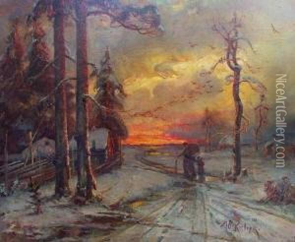 Winterlandschaft Bei Dammerung Oil Painting - Iulii Iul'evich (Julius) Klever