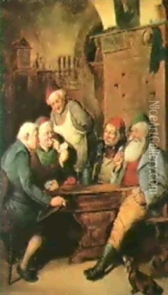 Beim Kartenspiel Sitzen Vier Bauern Und Der Wirt In Der     Schankstube Oil Painting - Adolf Eberle