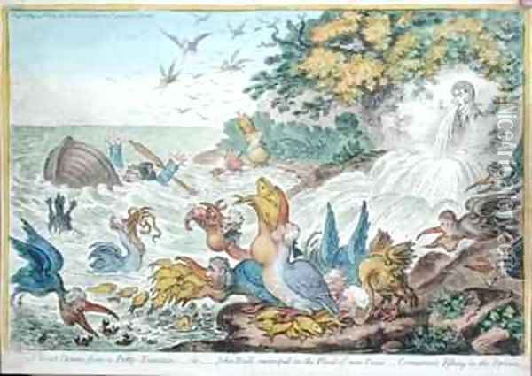 A Great Storm from a Petty Fountain or John Bull swamped in the Flood of New Taxes Cormorants Fishing in the Stream Oil Painting - James Gillray