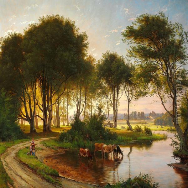 Danish Summer Landscape With Two Girls Watering The Cows In A Stream Oil Painting - Carl Frederick Aagaard