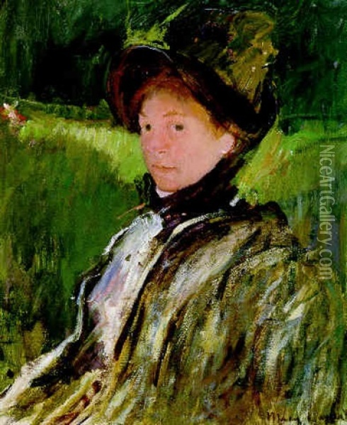 Lydia Cassat In A Green Bonnet And A Coat Oil Painting - Mary Cassatt