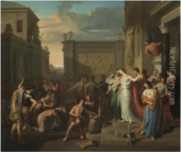 A Mythological Scene With Prisoners Kneeling Before A Queen Oil Painting - Gerard Hoet