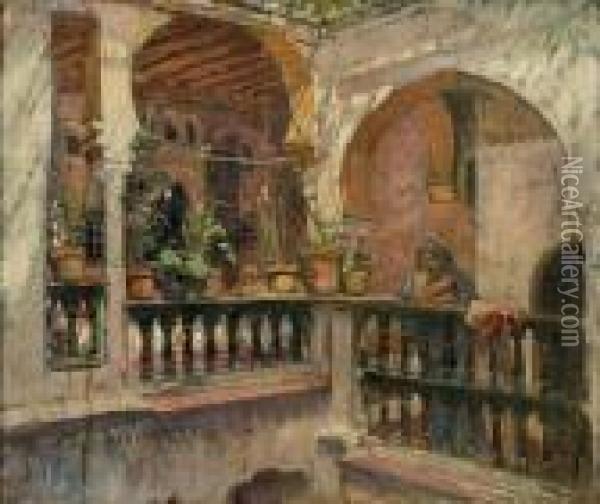 Femme Accoudee A L'interieur Du Riad Oil Painting - Frederick Arthur Bridgman