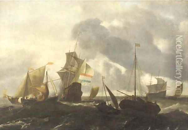 A Dutch man'o-war and other shipping in choppy seas Oil Painting - Ludolf Backhuizen