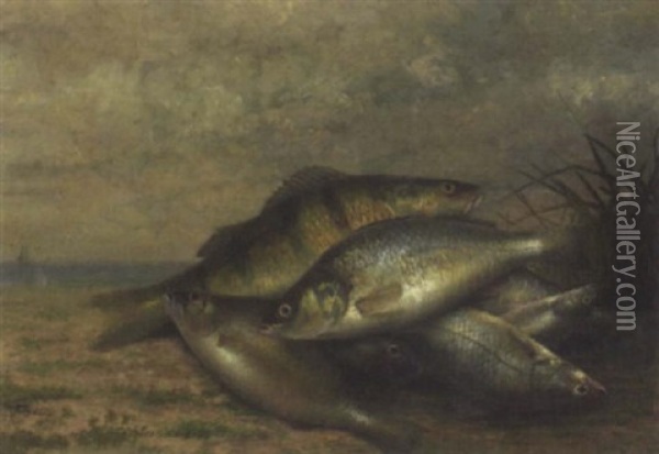 A Still Life Of Fish With A View Of The Sea Beyond Oil Painting - Gerard Rutgers Hardenbergh