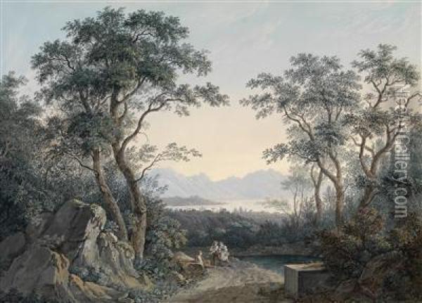 Landschaft Mit Blick Auf Einen See Aus Einem Waldchen Oil Painting - Matthias Rudolf Toma