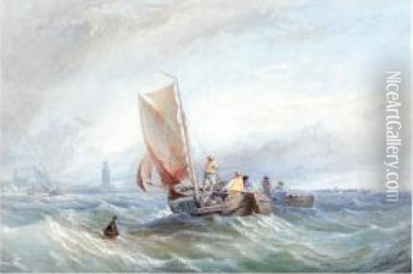 Fishing Boats In Choppy Seas Off The Coast Oil Painting - Thomas Sewell Robins