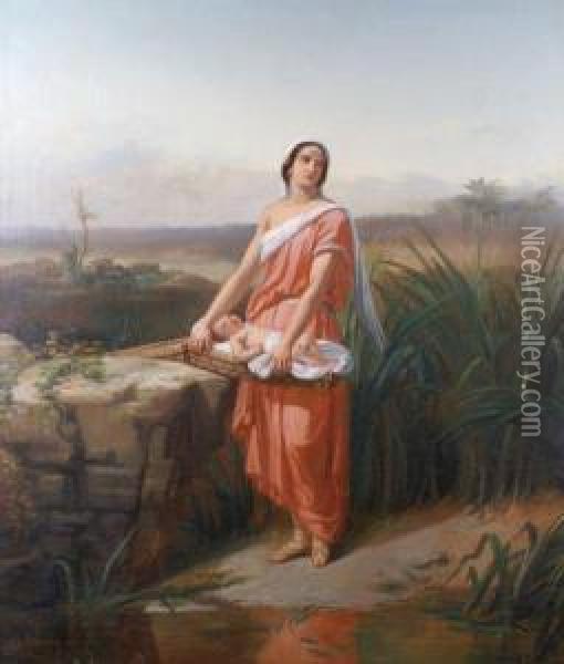 Moise Enfant Et Sa Soeur Myriam Au Bord Du Nil Oil Painting - Charles Augustin Wauters