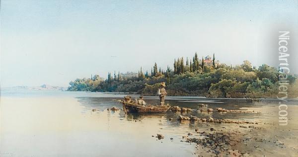 A Fishing Boat, Corfu Oil Painting - Angelos Giallina