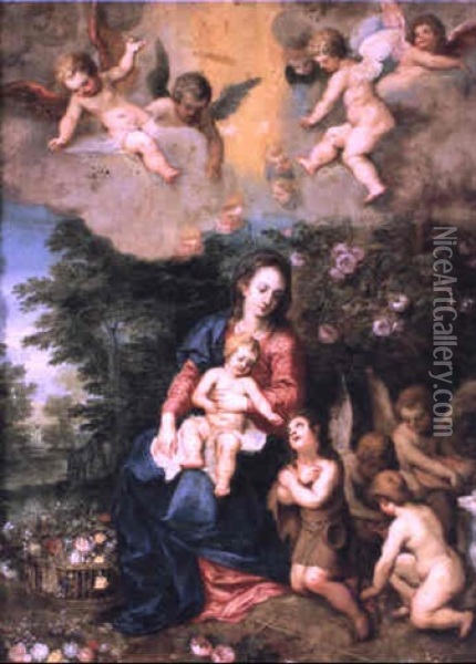 Vierge A L'enfant Et St. Jean-baptiste Entoures D'anges Oil Painting - Hans Rottenhammer the Elder