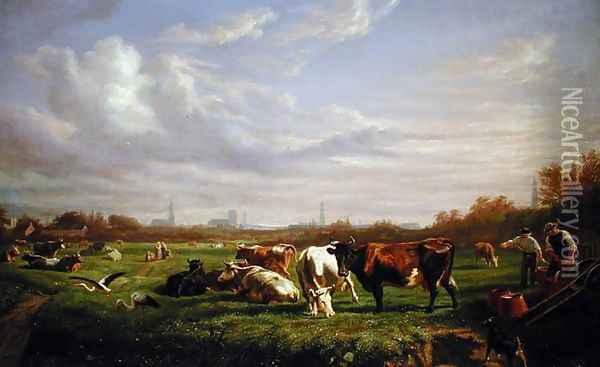 Meadow with the Town of Dammtor Behind, 1856 Oil Painting - Otto Speckter