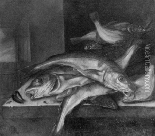 Cod, A Mussel And Other Fish In A Basket On A Ledge By A Window Oil Painting - Jakob Gillig