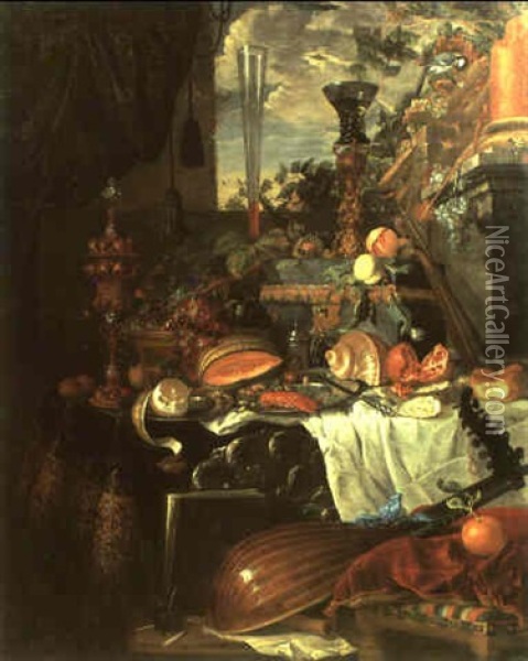 Still Life With A Glass, Stand, Basket And Bread On A Draped Table Oil Painting - Jan Davidsz De Heem