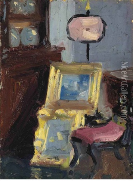 Interior With A Chair (+ Untitled (farmyard Scene), Verso) Oil Painting - Francis Campbell Boileau Cadell