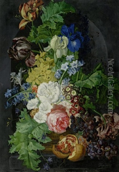 Tulpen, Iriden, Eine Prunkwinde Und Weitere Blumen Mit Fruchten In Einer Nische Oil Painting - Sebastian Wegmayr