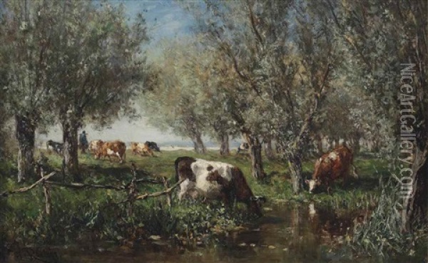 Cows Grazing In The Wetlands Oil Painting - Willem Roelofs