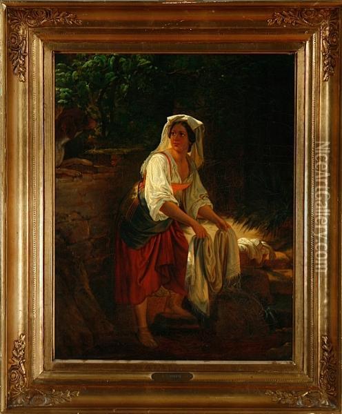 An Italian Woman Is Washing Clothes In A River Oil Painting - Frederik Ludwig Storch