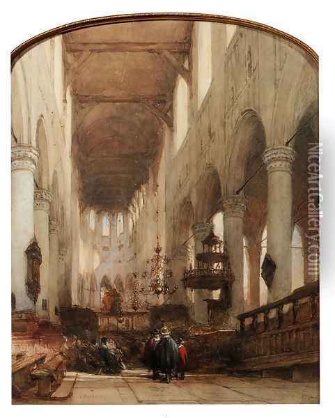 Worshippers In The Central Aisle Of The Pieterskerk, Leyden Oil Painting - Johannes Bosboom